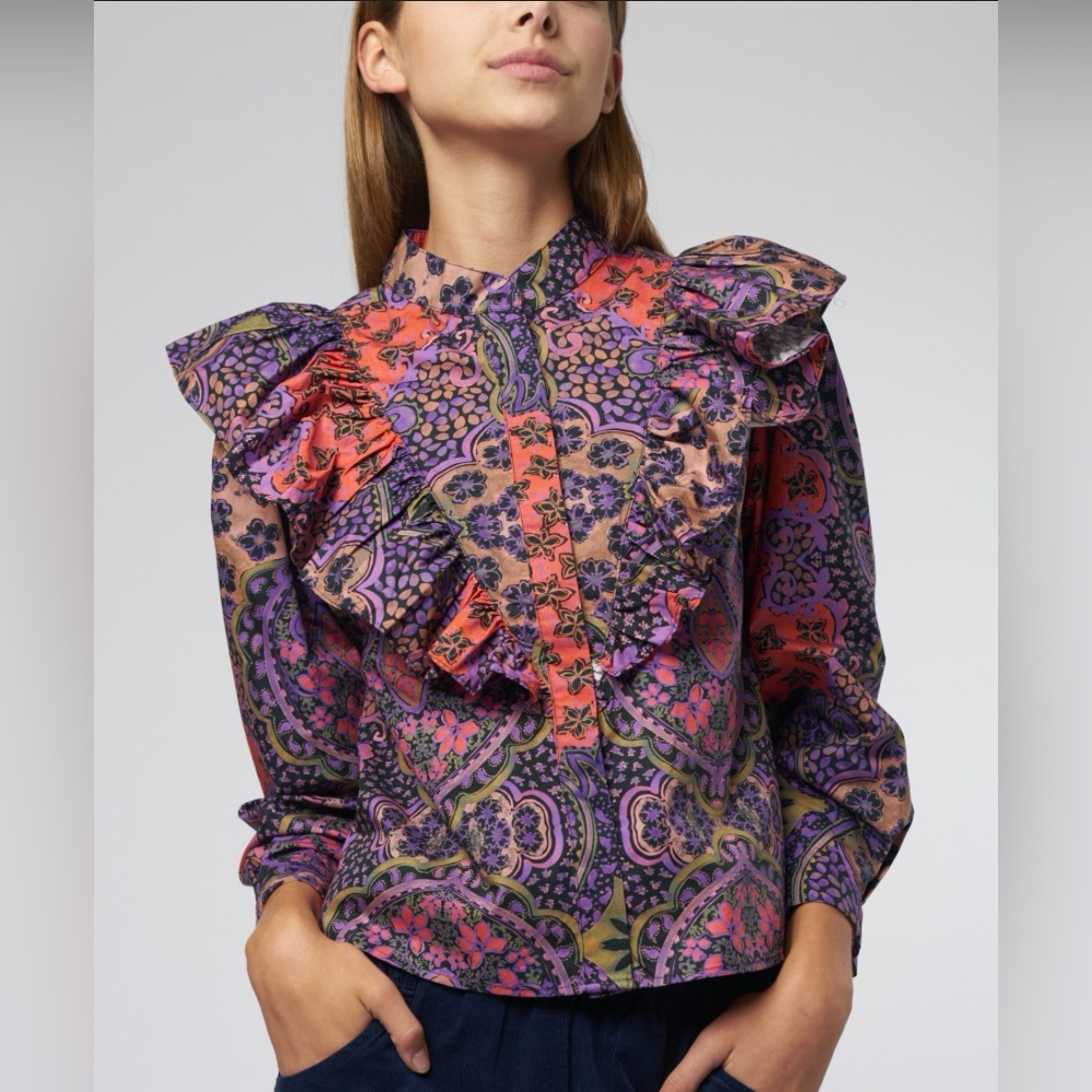 XiRENA | Callie Top Black Opal Ruffle Popover Cotton Blouse | Size S